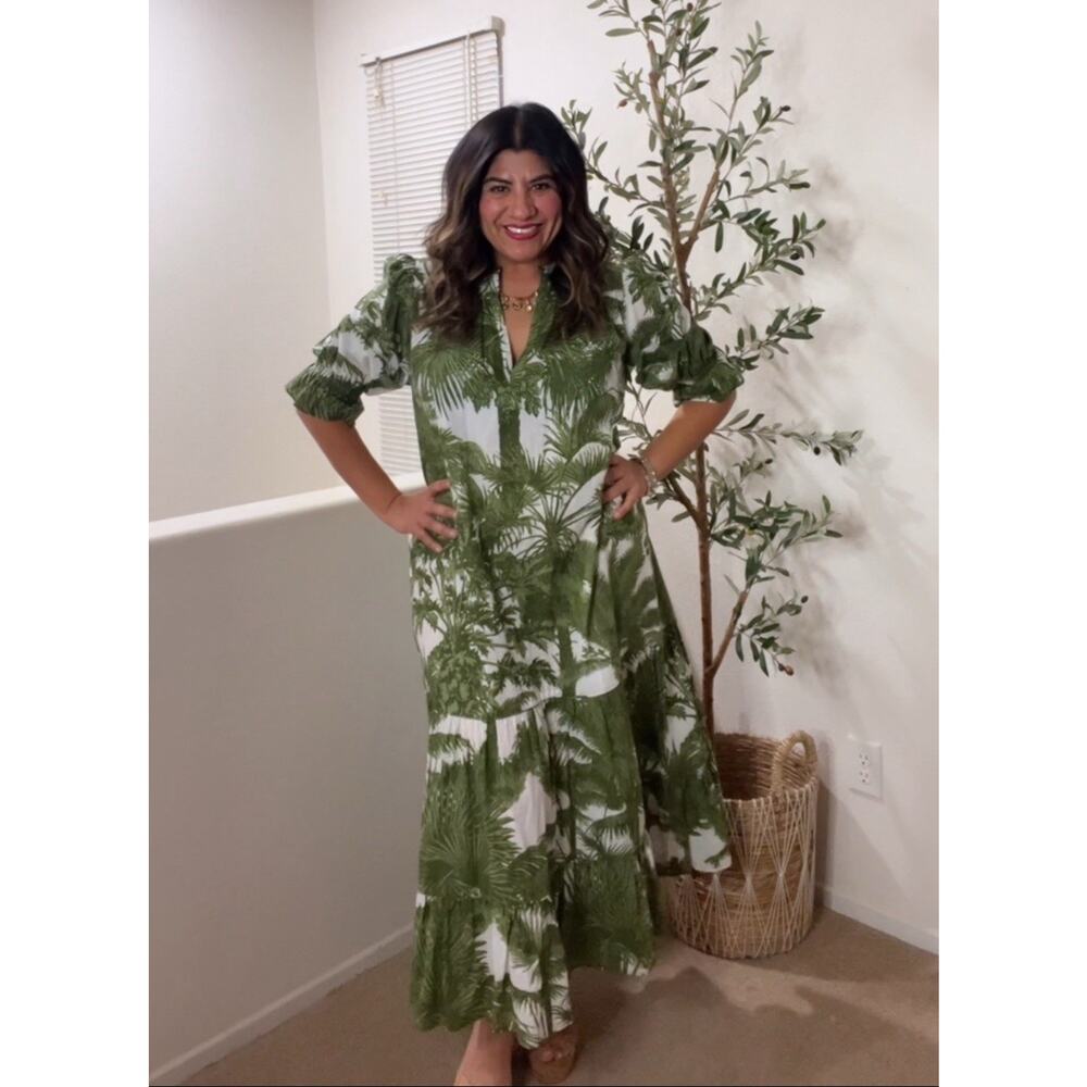 Aish Dress Riz Tropical Olive Maxi Dress V-neck Hawaii Resort Medium New E21